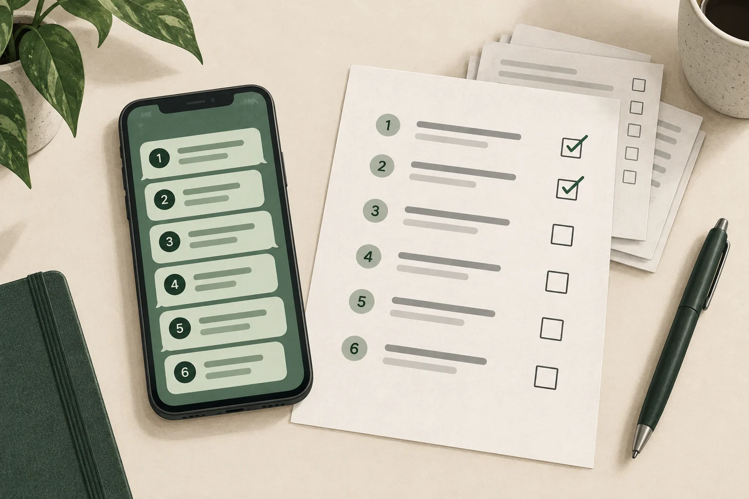 AI-generated illustration of a phone beside a printed numbered task list with checked and empty boxes, and a pen.