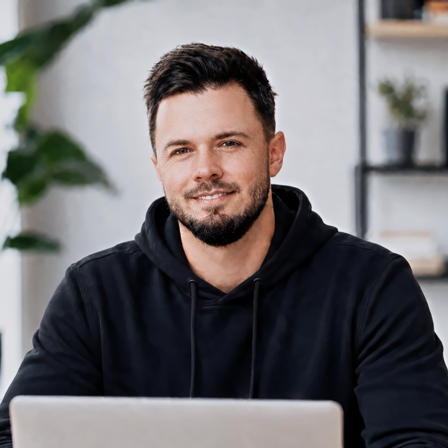 Henno sitting at a laptop in a relaxed workspace