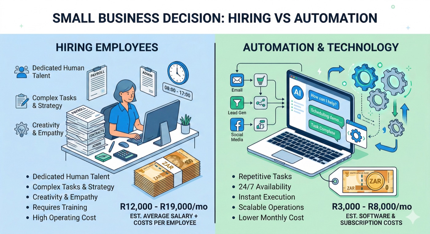 Infographic comparing hiring employees (R12,000-R19,000/mo) vs AI automation (R3,000-R8,000/mo) for small businesses in South Africa