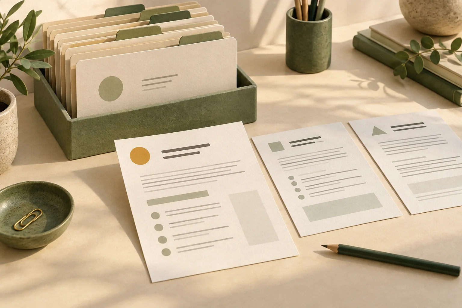 Organised document folders behind a selected template and reference sheets on a desk.