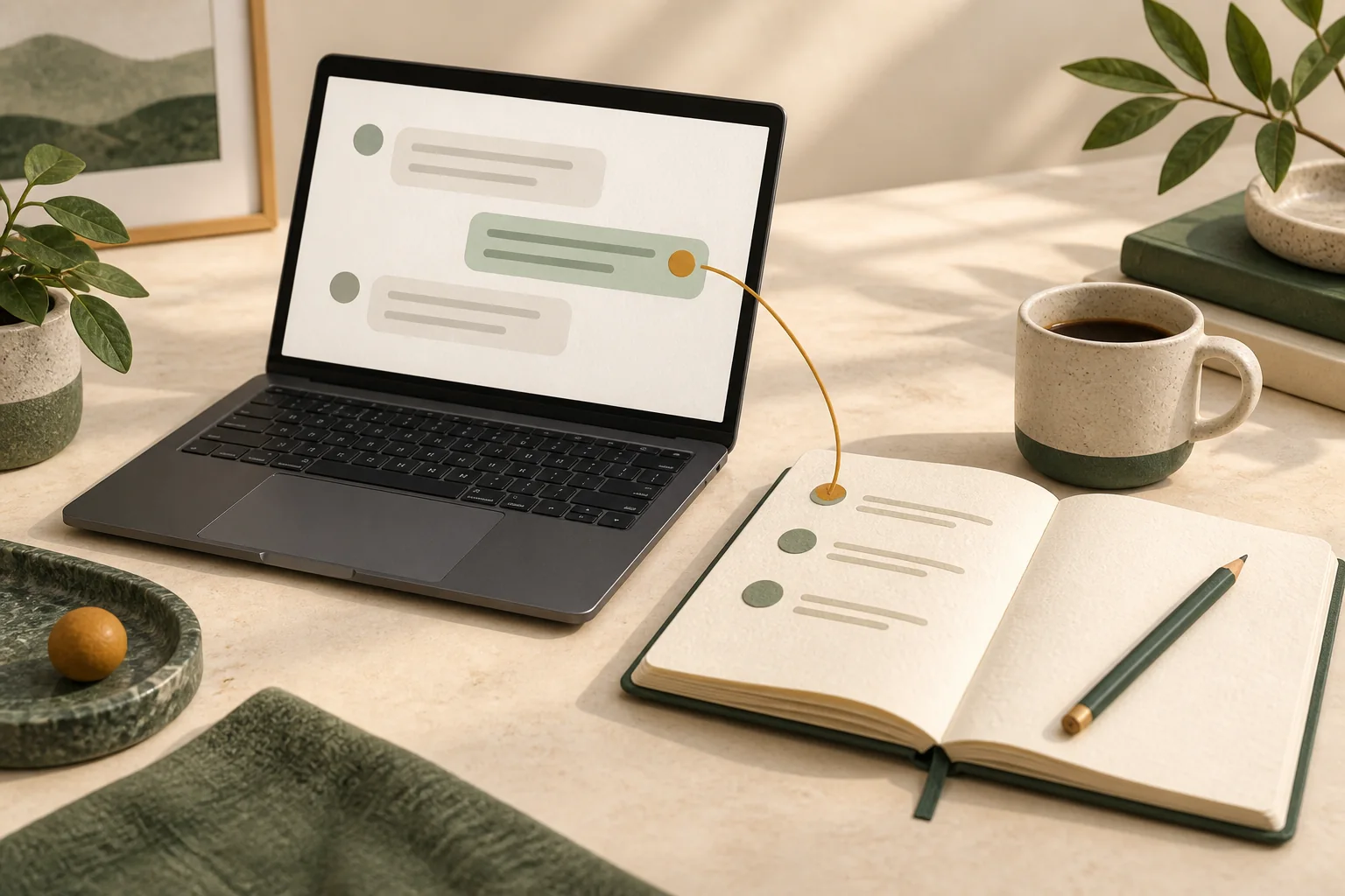 A laptop with an abstract chat connected to a notebook of steps beside a cup of coffee.