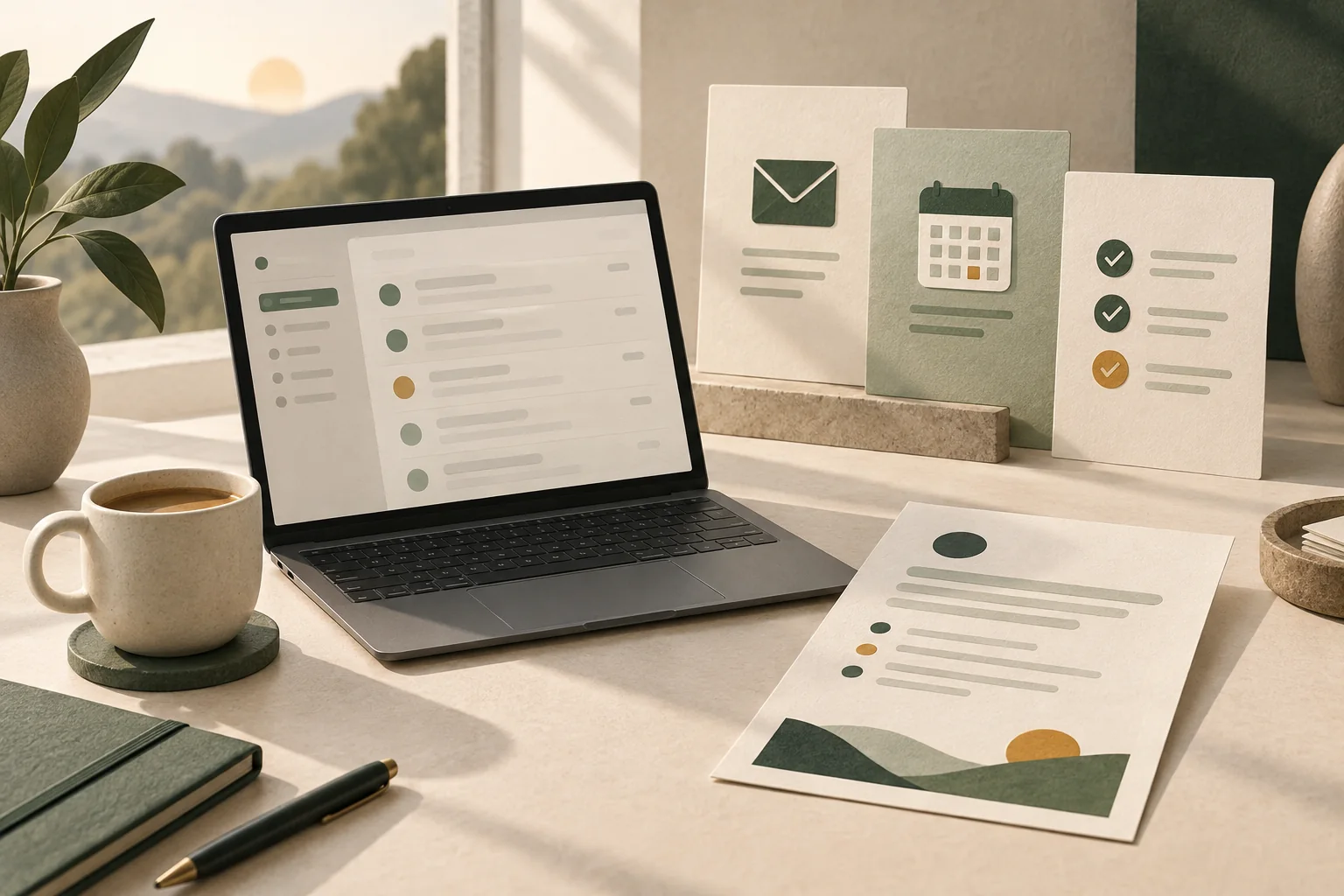 A laptop and printed briefing beside email, calendar and task cards in morning light.